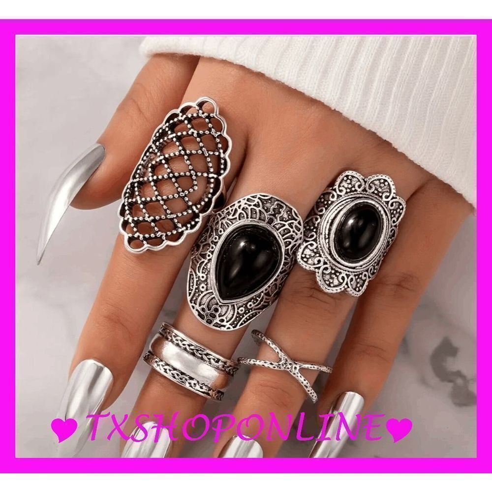 5-Piece Vintage Unisex Gemstone Rings Set - Cross Cut Out & Oil Drip Design